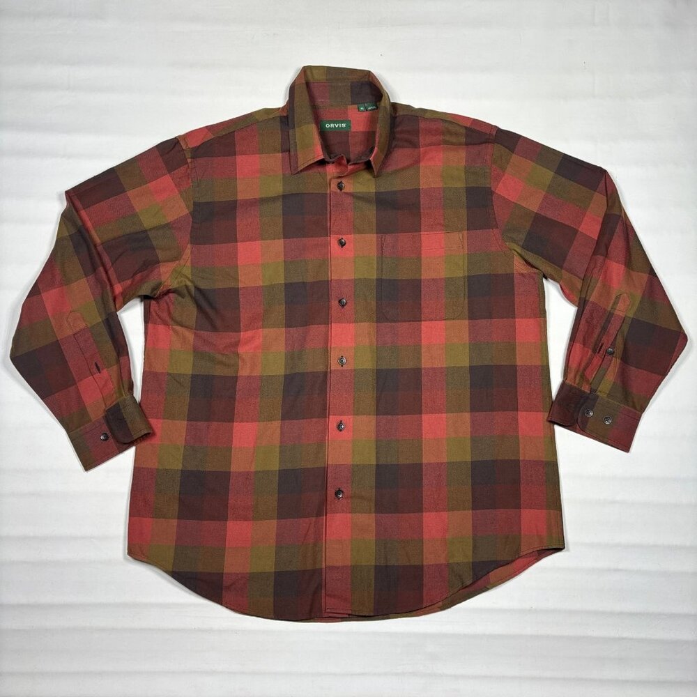 Orvis Luxury Cotton Merino Wool Red Plaid L/S Flannel Button Shirt Mens XL
